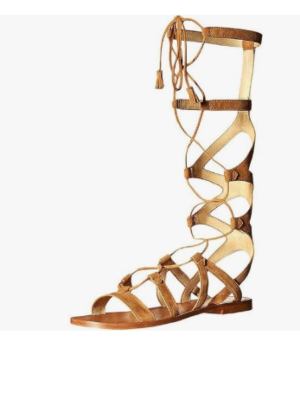 YDN Tan Sexy Knee High Lace up Flats Fringe Low Heel Gladiator Strap Sandals
